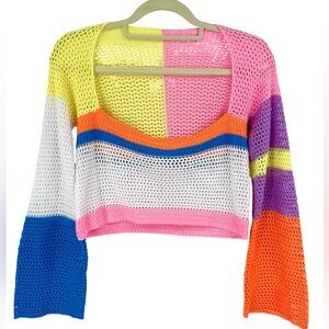 Colorblock Crochet Crop Sweater Rainbow Open Knit Festival Beachy Boho Top Rave